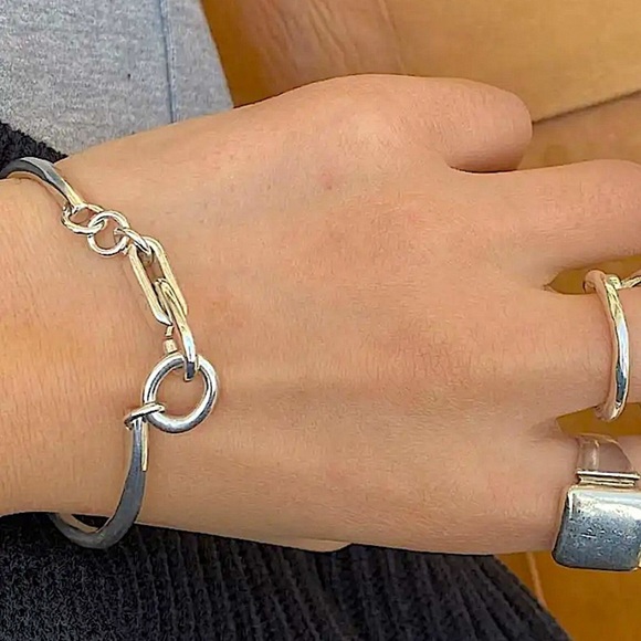 Sterling Silver Safety Pin Clip Bangle Bracelet - Picture 5 of 8